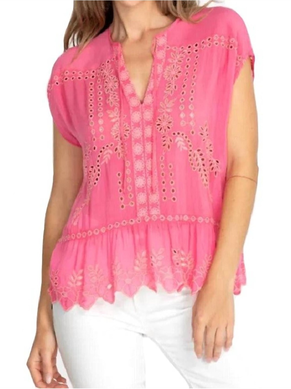 NWOT Johnny Was Bright Pink Embroidered Peplum Tunic